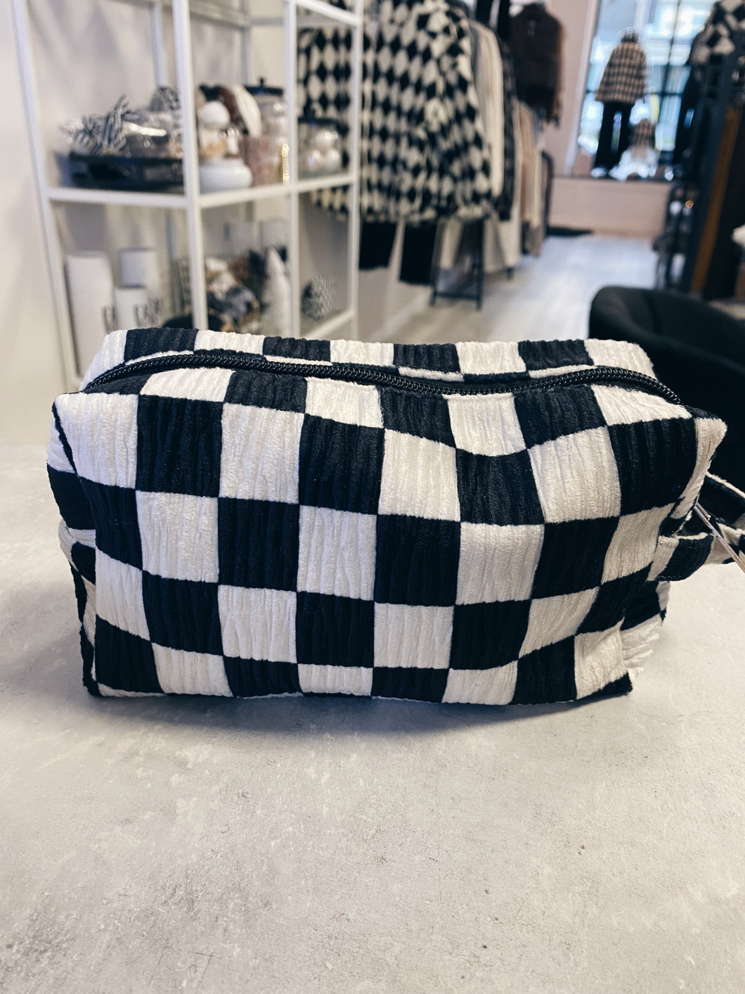 FAUX SUEDE CHECKERED MAKEUP BAG